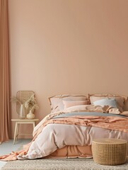 Bedroom in pastel tone peach fuzz color trend 2024 year and gray wall empty background for art. Modern premium cozy room interior home or hotel design. Apricot crush stylish accents bed. 3d render
