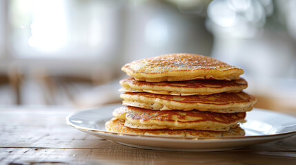 pan cakes , with empty copy space, minimalist, traditional, dining room, natural light, professional food photography,