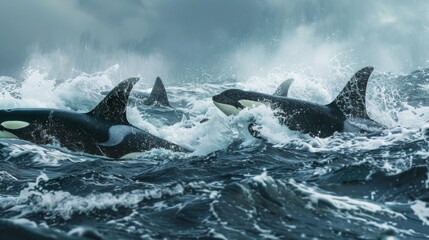 A group of orcas hunting in the wild, their powerful dorsal fins slicing through the waves as they work together to capture their prey, showcasing the apex predator in action.