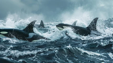 Poster A group of orcas hunting in the wild, their powerful dorsal fins slicing through the waves as they work together to capture their prey, showcasing the apex predator in action. © Plaifah