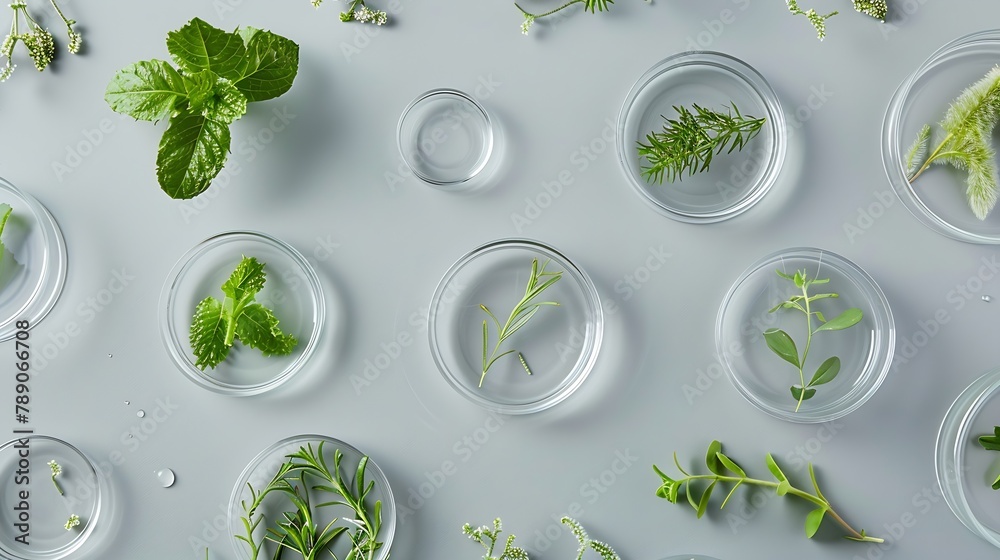 Poster flat lay composition with petri dishes and plants on light grey background : generative ai