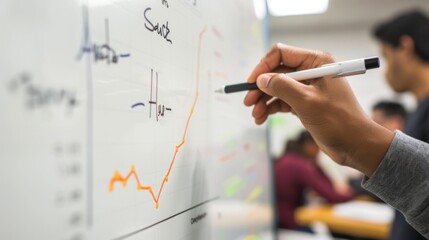 A hand drawing a line graph on a whiteboard during a business presentation, visualizing trends and projections for stakeholders and investors.