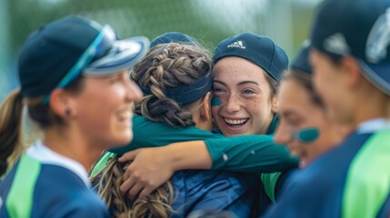 Support, collaboration, and sports with women baseball athletes in planning crowd for community and strategy. Vision, motivation, or softball player success training