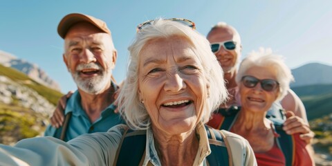 POV of a group of active seniors posing together for a selfie or video call on a sunny day against a mountain view background. Happy retirees exercising together outdoors. Healthy and active living