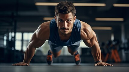 Fototapeta na wymiar A fit young Hispanic man doing bodyweight push-ups in the gym. A muscular man performs press-ups and planks to gain muscle, upper body, core, and endurance during a workout.