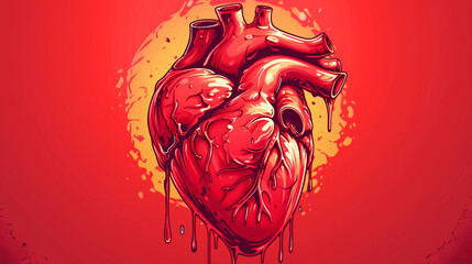 A heart with red paint splattered on it. The heart is surrounded by red paint. a cartoonish style drawing of a red glass human heart dripping with juice on a solid colored background