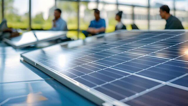 Workers in a meeting room discussing innovative strategies to reduce the cost and increase production of solar panels making clean . .
