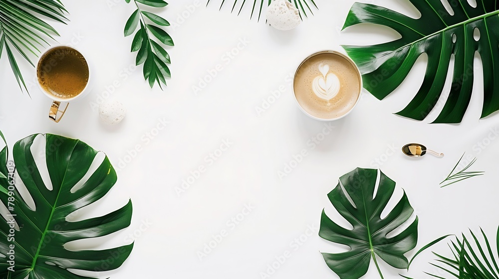 Poster flat lay blogger workspace mockup with tropical leaves coffee and accessories on white background co