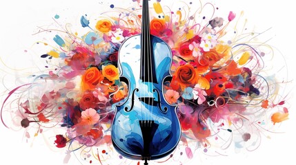 Abstract and colorful illustration of a cello on a white background with flowers - obrazy, fototapety, plakaty