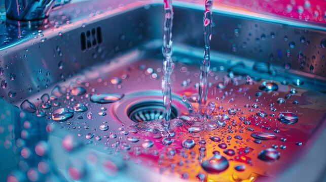 Vibrant neon light reflecting on water droplets in modern kitchen sink