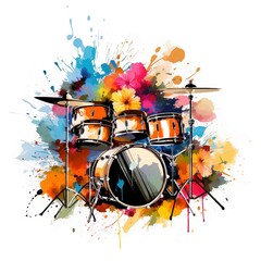 Abstract and colorful illustration of drums on a white background with flowers