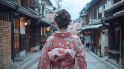 Fototapeta premium 日本の古い町並みを歩く浴衣を着た日本人女性