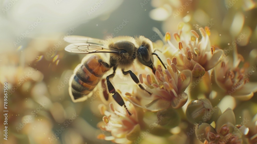 Poster a macro shot of a honeybee collecting nectar from a flower, highlighting the vital role of pollinato