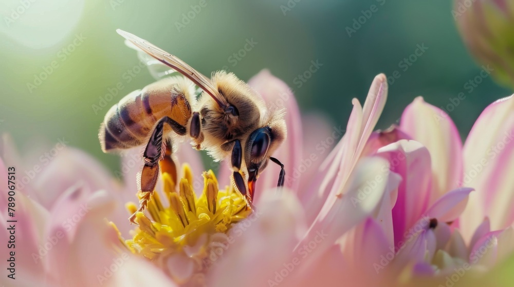 Poster a macro shot of a honeybee collecting nectar from a flower, highlighting the vital role of pollinato