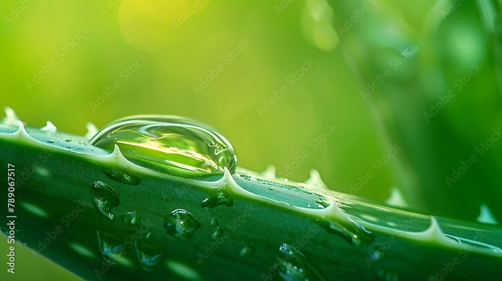 Poster aloe vera juice drop close up aloe vera leaf with aloe gel over green background with copy space : g