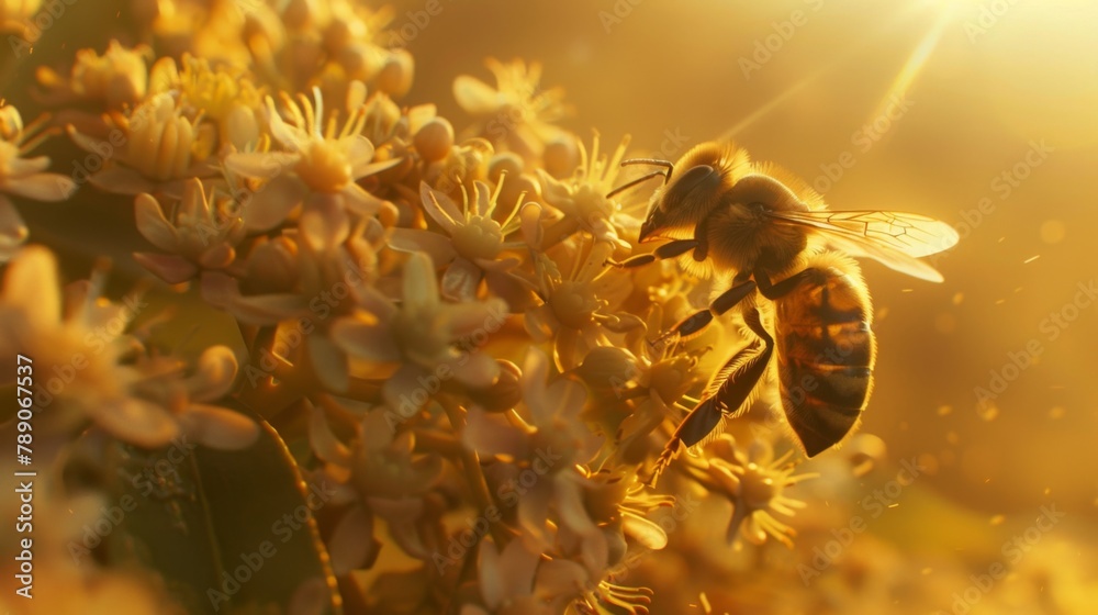 Poster a macro shot of a honeybee collecting nectar from a flower, highlighting the vital role of pollinato