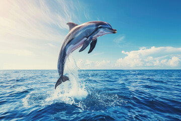 a dolphin jumping out of the water. blue sky and ocean background