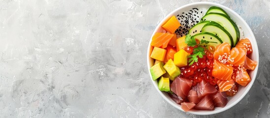 A panoramic top view of a Raw Organic Ahi Salmon Poke Bowl with space for text.