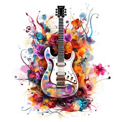 Abstract and colorful illustration of an electric guitar on a white background with flowers - obrazy, fototapety, plakaty