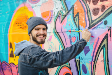 Street artist drawing graffiti, looking to the wall with his paintings. Stylish young man, graffiti artist painting artwork outdoors. Urban painter made big street art. Entertainment, youth subculture