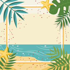 Fototapeta na wymiar Summer Beach Frame Background with Tropical Leaf Plant and Copy Space