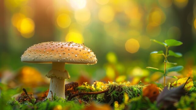 A macro shot of a single mushroom emerging from the forest floor, its delicate gills and intricate details illuminated by soft sunlight filtering through the trees.