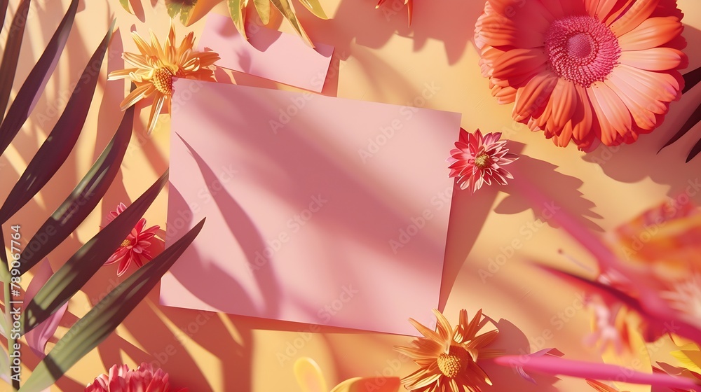Poster creative layout made of flowers and leaves with paper card note flat lay nature concept : generative