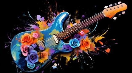 Abstract and colorful illustration of an electric guitar on a black background with flowers - obrazy, fototapety, plakaty