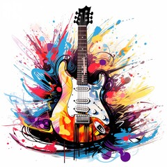 Abstract and colorful illustration of an electric guitar on a white background - obrazy, fototapety, plakaty