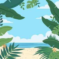 Summer Beach Frame Background with Tropical Leaf Plant and Copy Space