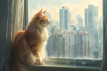 Fluffy Cat Gazing at Cityscape from Sunlit Windowsill Playful Expression in Focus Against Modern High Rise Backdrop