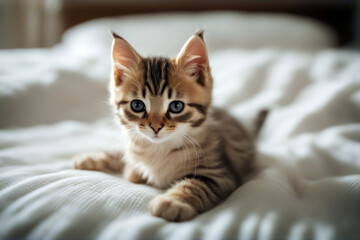 bed lie Small kitten beauty red fluffy portrait curiosity beautiful sitting friendship mammal striped cover cute tabby lying apartment young whisker felino