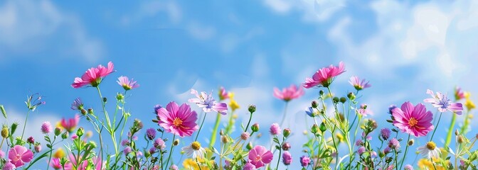 Colorful cosmos flowers blooming under sunny blue sky