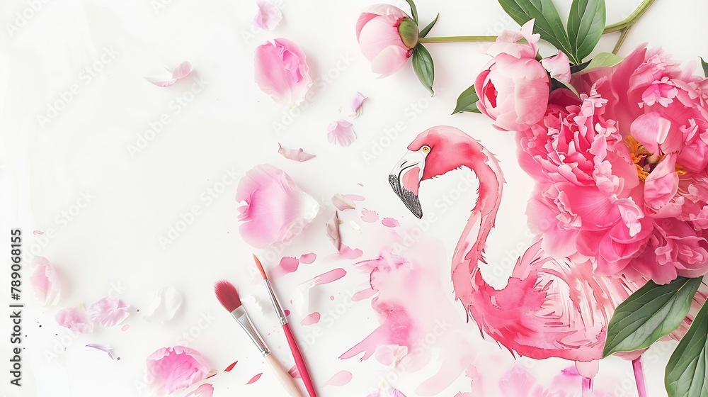 Poster workspace pink flamingo painted with watercolor paintbrush and pink peonies isolated on white backgr