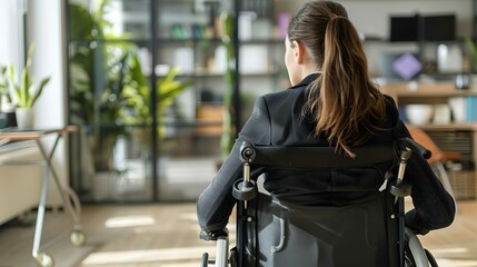 Back view of unrecognizable businesswoman in wheelchair in the office.  - Powered by Adobe