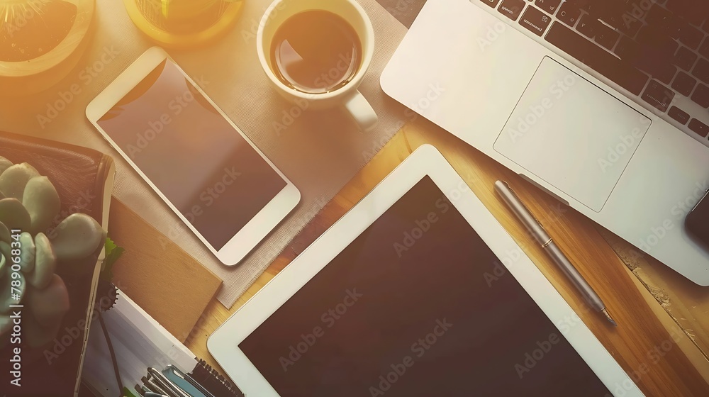 Leinwandbilder office desk workplace with blank screen tablet and smart phone laptop pen and cup of coffee top view