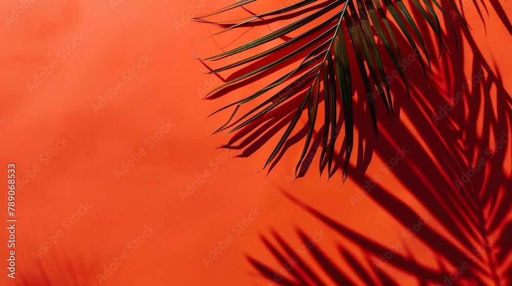 Aufkleber red and orange color background with tropical palm shadow two trend pastel paper and exotic plant sh