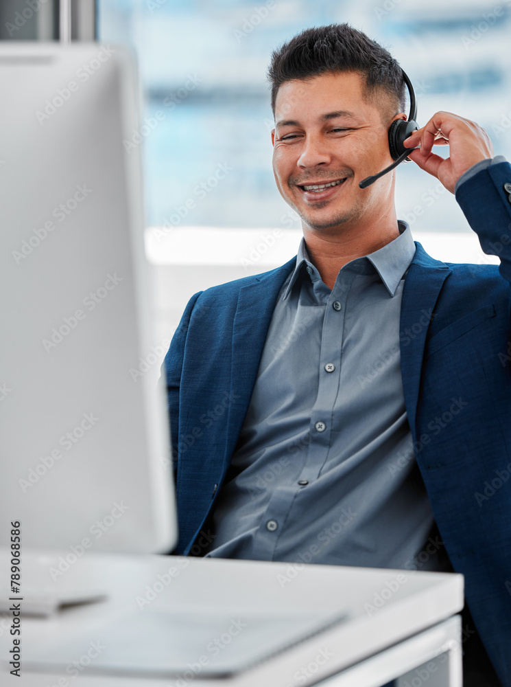 Poster customer service, contact us and man consultant in office for online crm consultation with headset. 