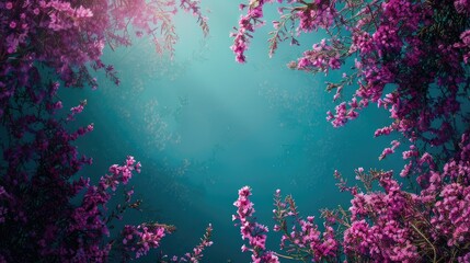A stunning arrangement of vibrant purple heather blooms set against a beautiful blue backdrop captured from a top down perspective Plenty of space for copying - obrazy, fototapety, plakaty