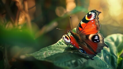 Close up of a fresh colorful Peacock butterfly Inachis io posing on a green leaf : Generative AI
