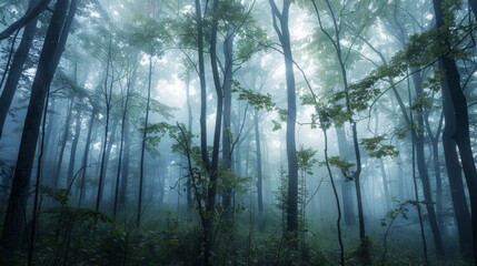 A misty morning in the forest, with ethereal fog enveloping towering trees and creating an enchanting atmosphere of mystery and tranquility.