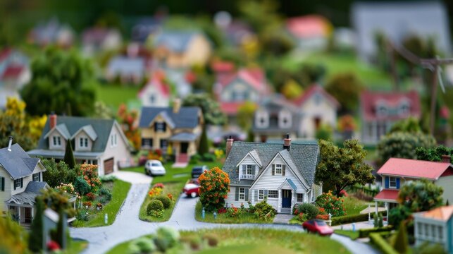 A miniature suburban neighborhood with tiny houses and manicured lawns, offering a whimsical perspective on suburban living in a scaled-down world.