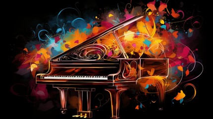 Fototapeta na wymiar Abstract and colorful illustration of a piano on a black background