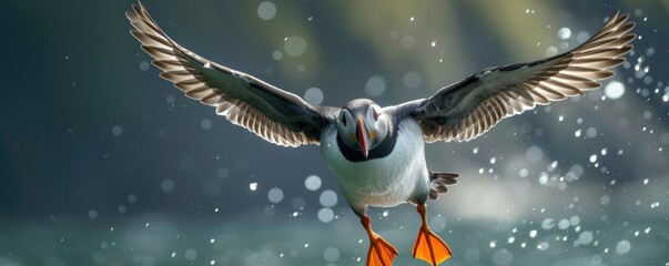 A close up of the beautiful Atlantic puffin fratelcula bird in the wild nature. - obrazy, fototapety, plakaty