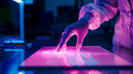 Illuminated gloved hand interacts with a touchscreen in a dimly lit lab, highlighting a futuristic and precise operation in scientific research or data analysis. Banner. Copy space