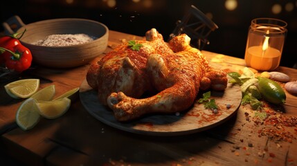 Mixed Spices and Bony Chicken Meal on Wooden Surface: Culinary Delight