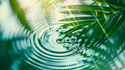 Abstract water texture surface with drops rings and ripple decorated palm leaves
Flat lay top view...
