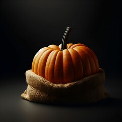 A pumpkin atop a sack on a dark surface with black background