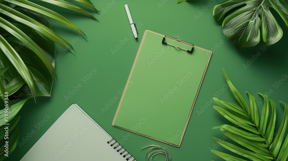 Poster home office workspace mockup with laptop clipboard palm leaf notebook and accessories flat lay top v