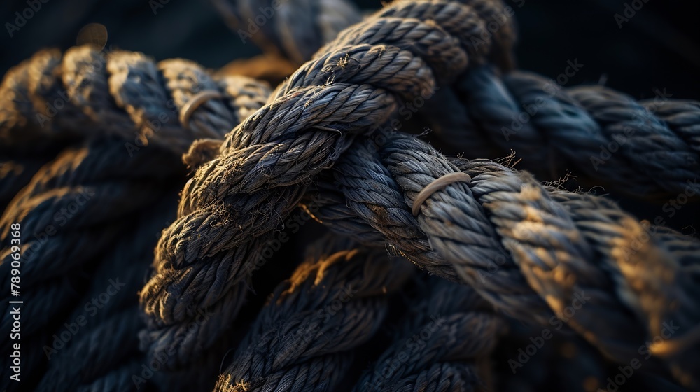Poster texture of intertwined old rope closeup of a coil of rope : generative ai